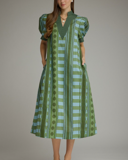 Stripe Printed Olive Midi Dress