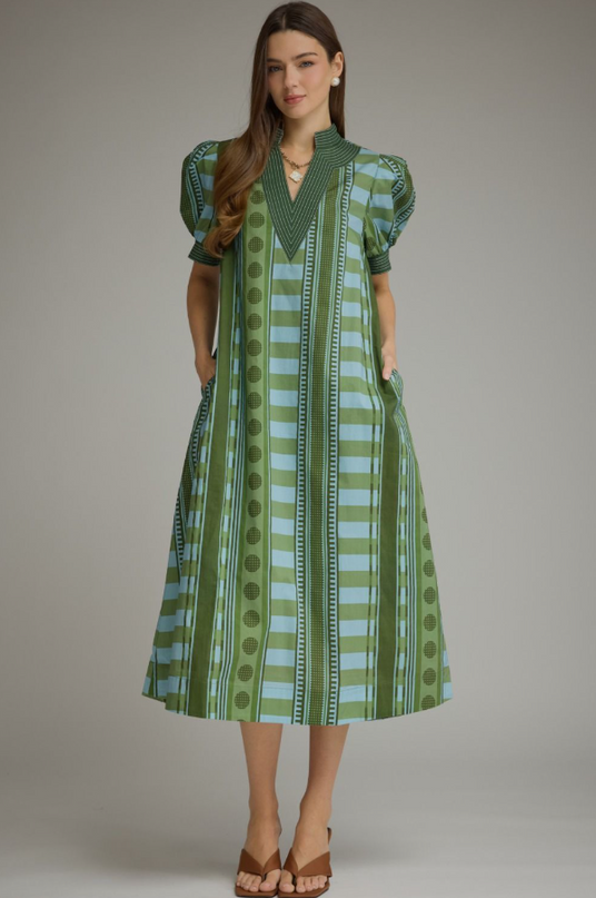 Stripe Printed Olive Midi Dress