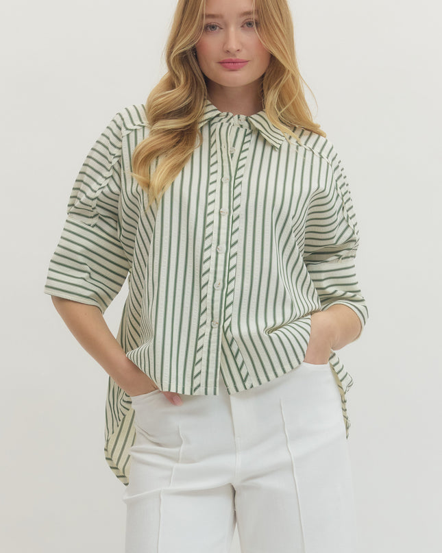 Everyday Classic Green Striped Blouse Tops in S at Wrapsody