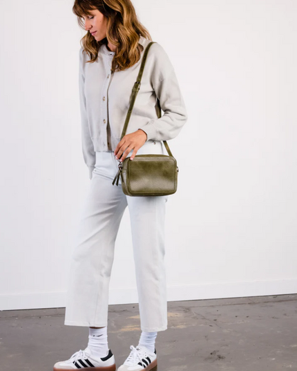 Able Medium Crossbody in Perforated Moss Handbags in  at Wrapsody