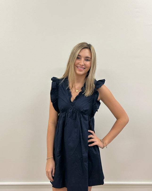 Dress Ruffle VNck Navy Dresses in at Wrapsody