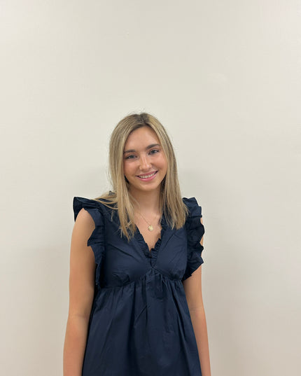Dress Ruffle VNck Navy Dresses in at Wrapsody