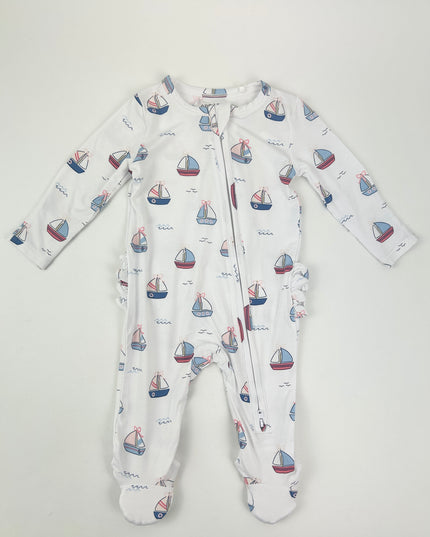 Angel Dear Bubbly Sailboats Ruffle Pink 2-Way Zipper Footie Baby in at Wrapsody