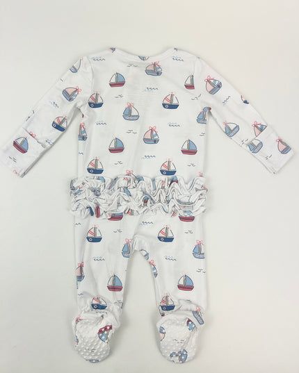Angel Dear Bubbly Sailboats Ruffle Pink 2-Way Zipper Footie Baby in at Wrapsody