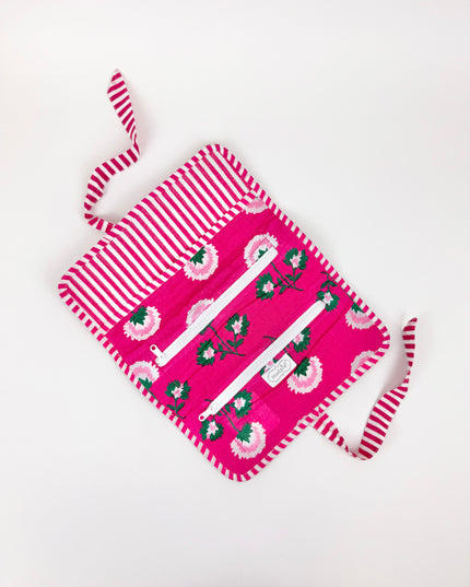 Pink Block Print Jewelry Roll