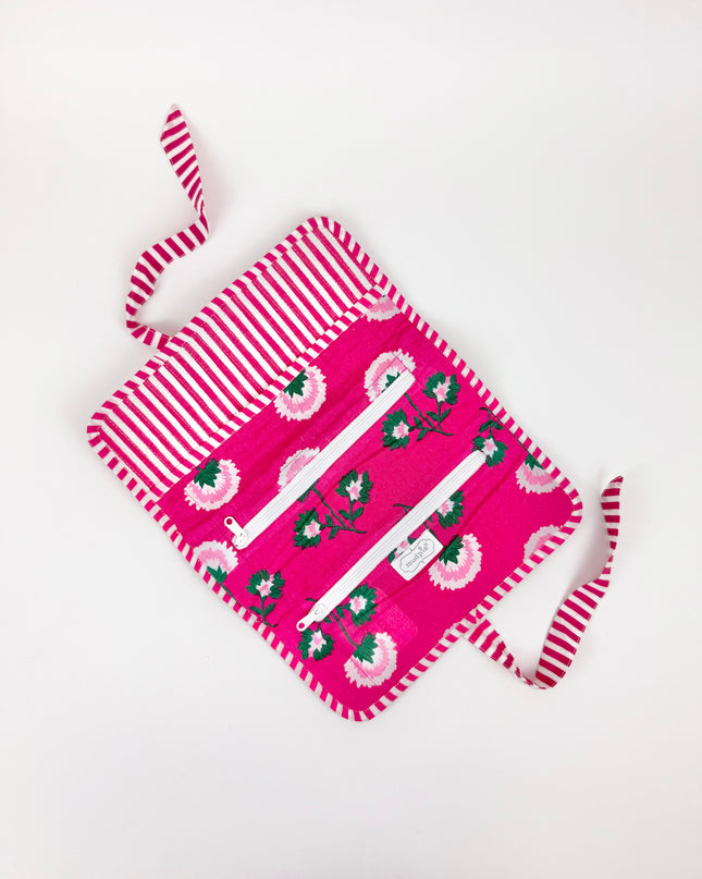 Pink Block Print Jewelry Roll