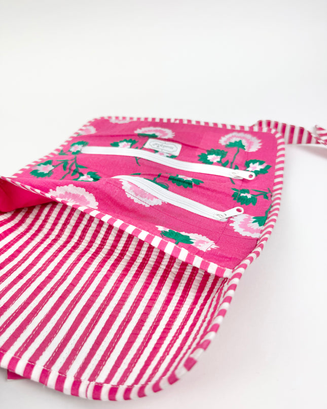 Pink Block Print Jewelry Roll