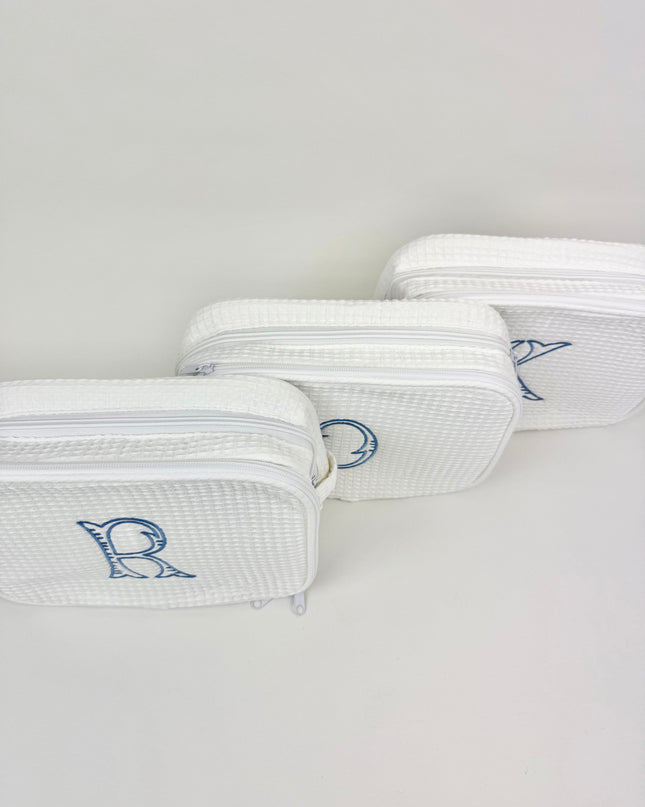 Fairfax Blue Initial Waffle Knit Cosmetic Bag