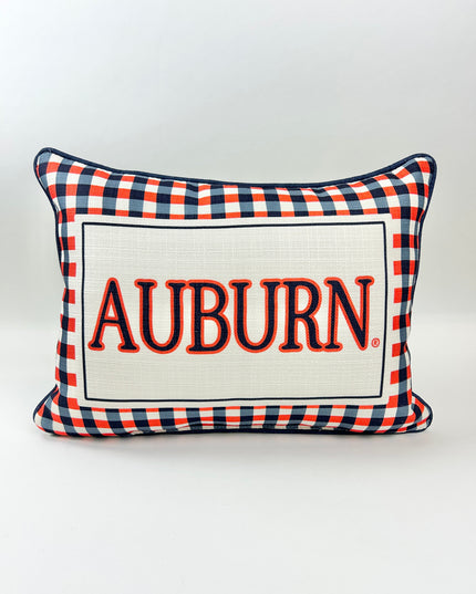 Auburn Gingham Pillow with Navy Piping Pillows in at Wrapsody