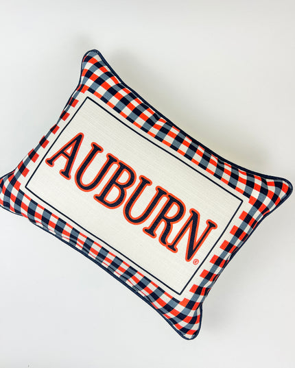 Auburn Gingham Pillow with Navy Piping Pillows in at Wrapsody