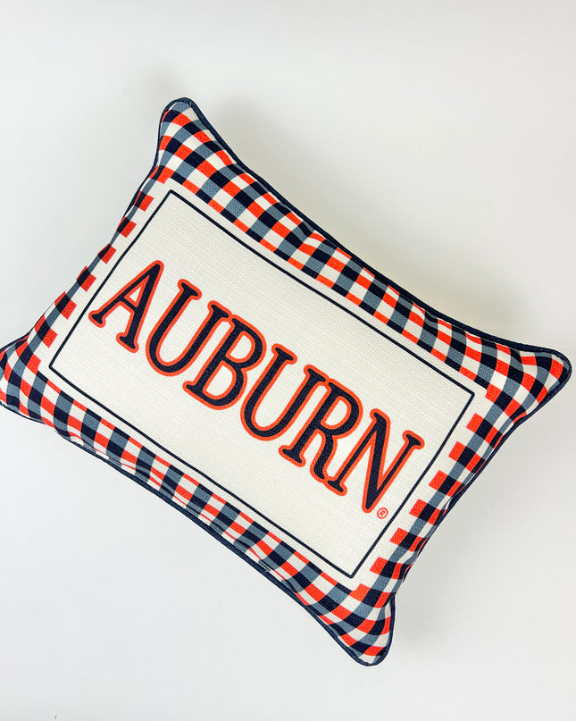 Auburn Gingham Pillow with Navy Piping Pillows in at Wrapsody