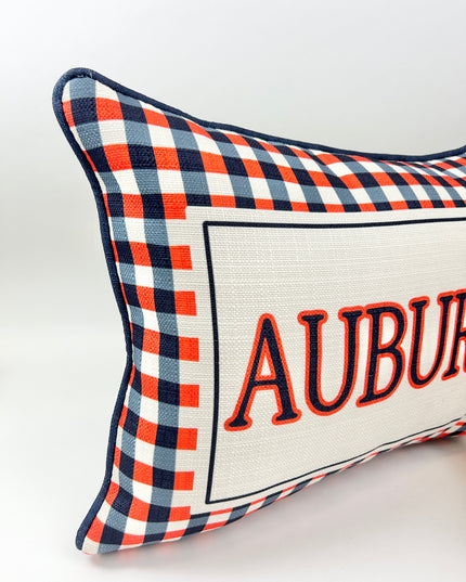 Auburn Gingham Pillow with Navy Piping Pillows in at Wrapsody