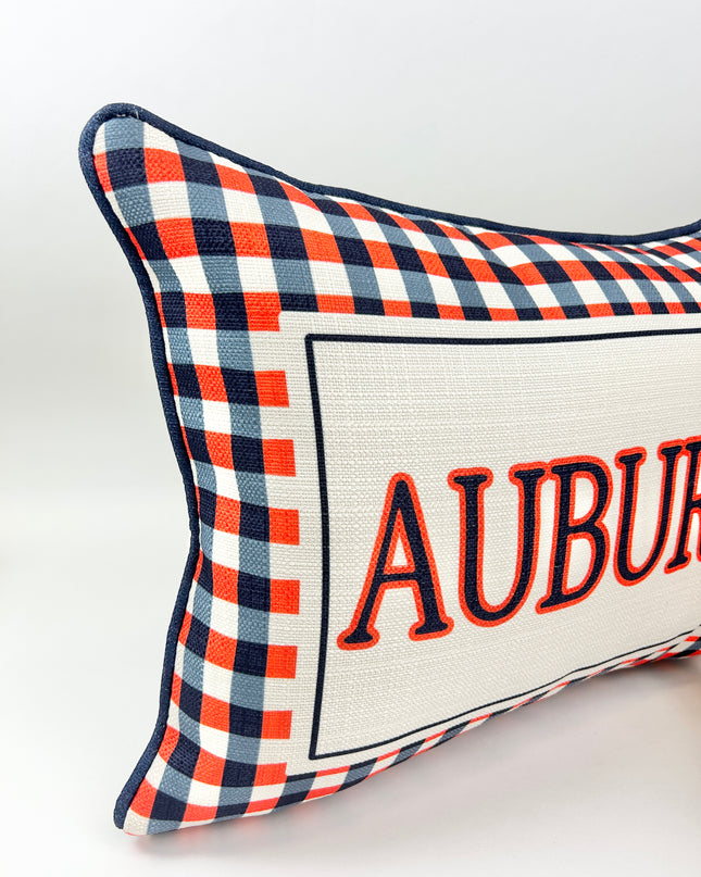Auburn Gingham Pillow with Navy Piping Pillows in at Wrapsody