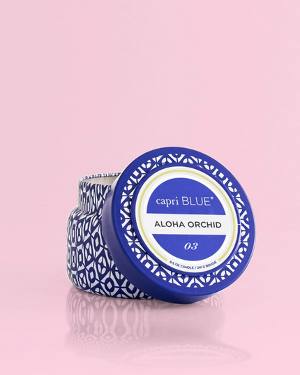 Candle Capri Blue Print Tin 8.5oz Candles in Aloha Orchid at Wrapsody