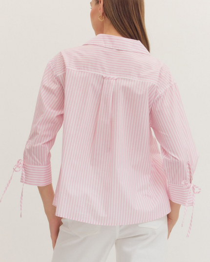 Front Wrap Light Pink Striped Blouse Tops in at Wrapsody