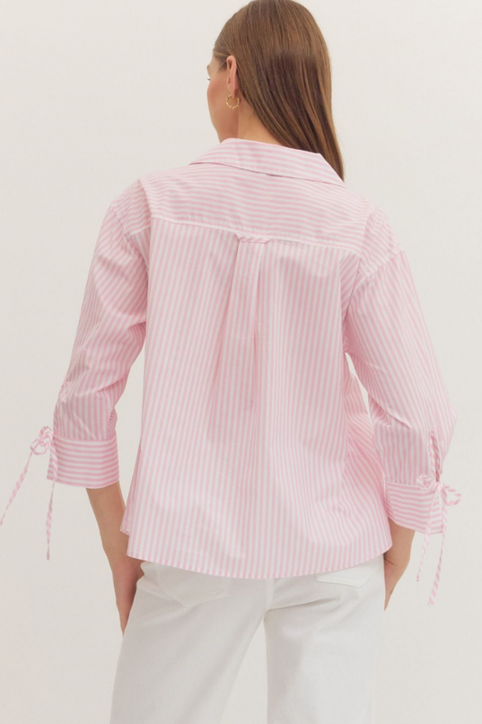 Front Wrap Light Pink Striped Blouse Tops in at Wrapsody