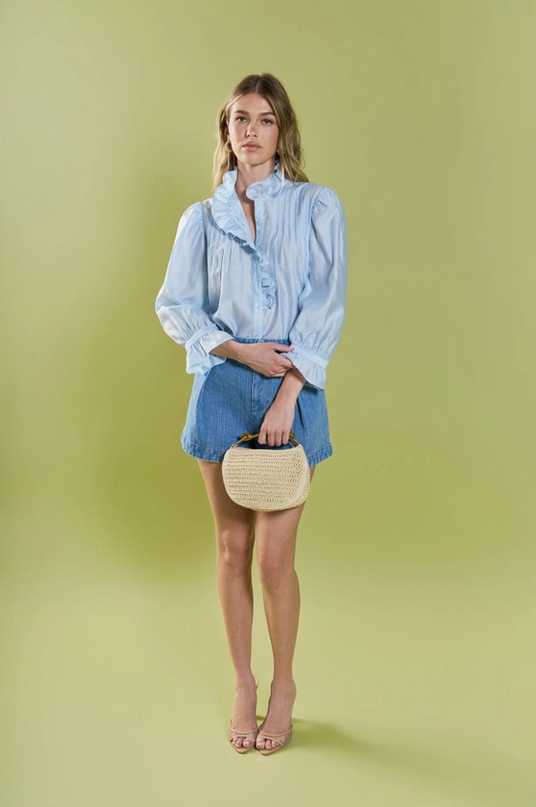 Ruffle Detailed Blouse in Powder Blue Tops in XS at Wrapsody