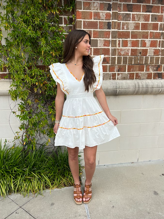 Dress Tiered Flutter White/Orange Dresses in  at Wrapsody