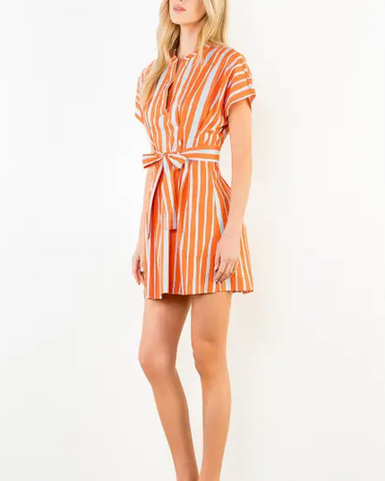 Striped Tie-Waist Orange/Blue Mini Dress