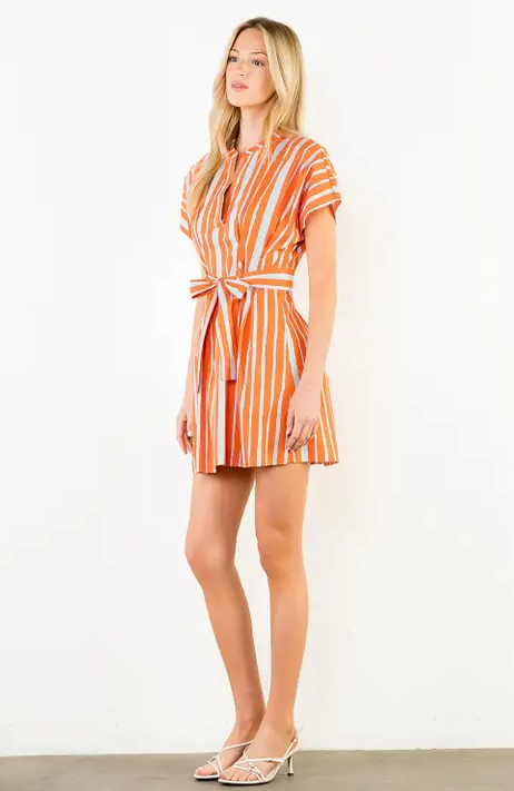 Striped Tie-Waist Orange/Blue Mini Dress