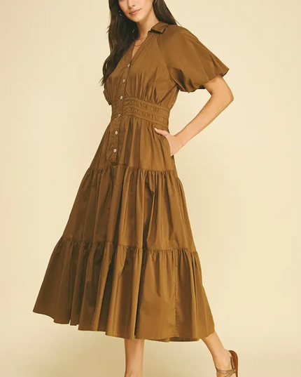 Tiered Button-Down Midi Dress