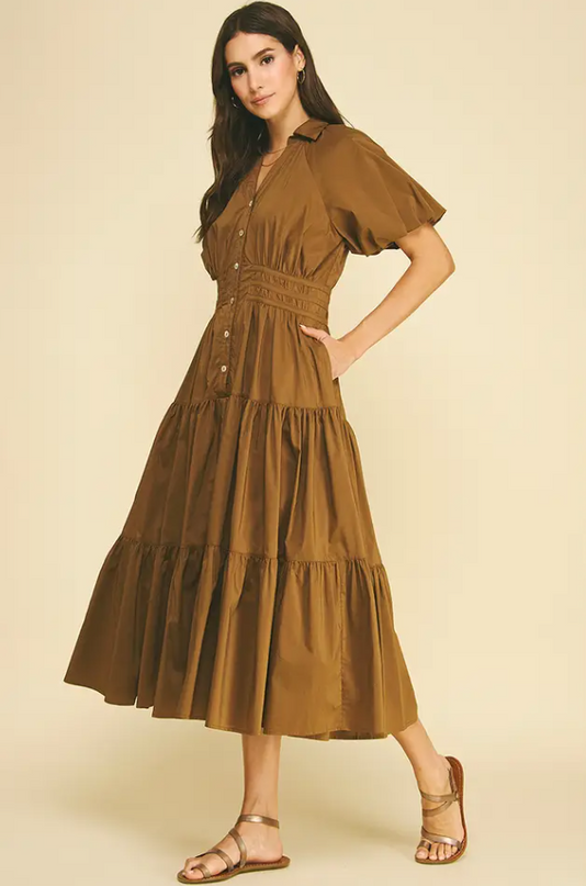 Tiered Button-Down Midi Dress