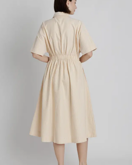 Pleated Yellow Striped Midi Dress Dresses in at Wrapsody