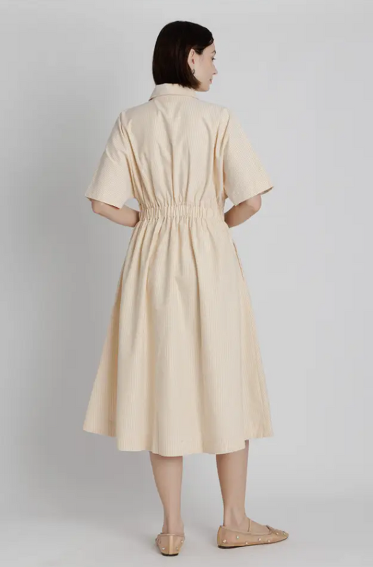 Pleated Yellow Striped Midi Dress Dresses in at Wrapsody