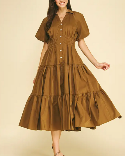 Tiered Button-Down Midi Dress