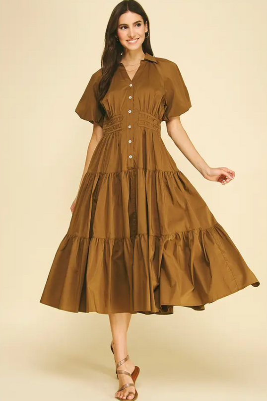 Tiered Button-Down Midi Dress