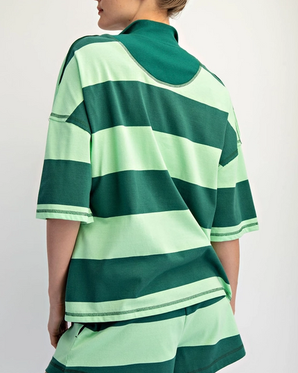 Striped Cotton Green/Mint Quarter Zip Pullover
