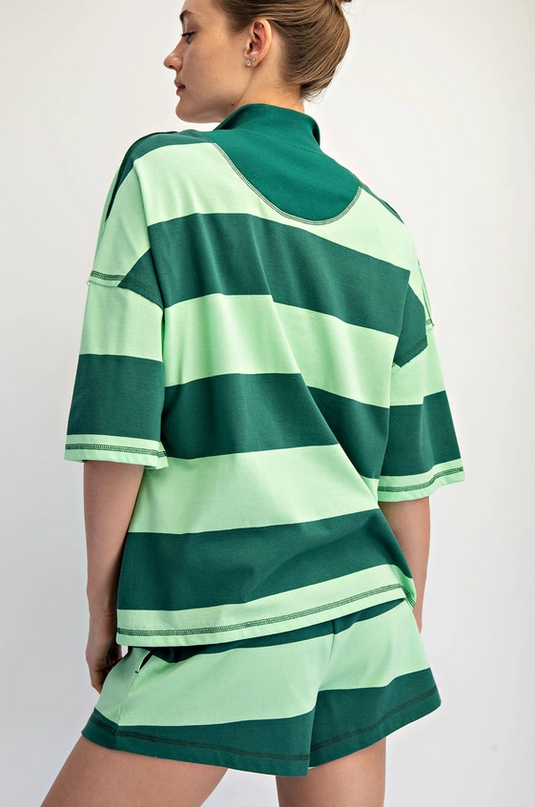 Striped Cotton Green/Mint Quarter Zip Pullover