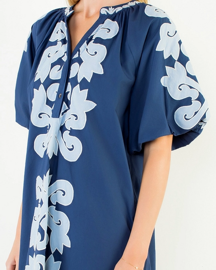 Embroidered Bubble Sleeve Navy Mini Dress