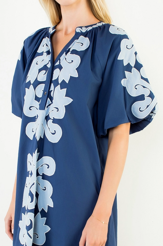 Embroidered Bubble Sleeve Navy Mini Dress