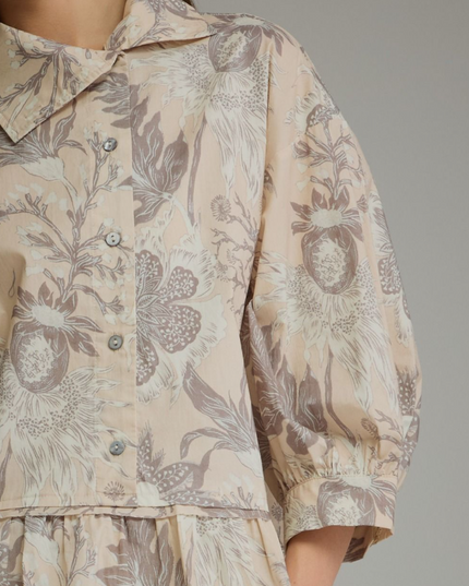 Button-Up Ruffle Floral Ecru Blouse Tops in at Wrapsody