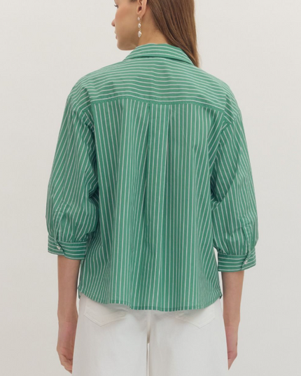 Collared Stripe Blouse in Basil Tops in at Wrapsody