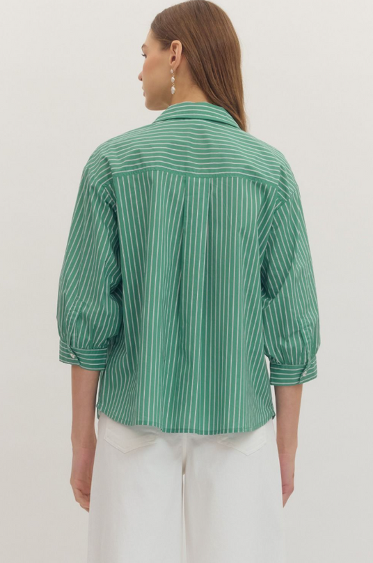 Collared Stripe Blouse in Basil Tops in at Wrapsody