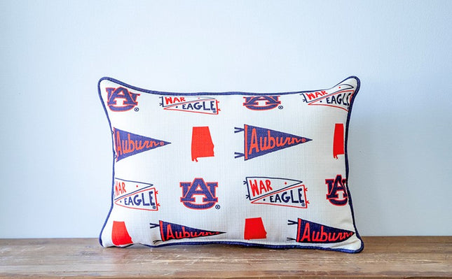 Auburn Pennant Pillow with Navy Piping Pillows in at Wrapsody