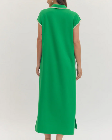 Collared Scallop Stitched Green Midi Dress Dresses in at Wrapsody