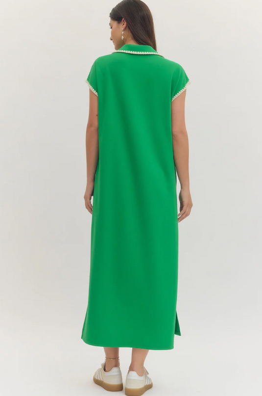 Collared Scallop Stitched Green Midi Dress Dresses in at Wrapsody