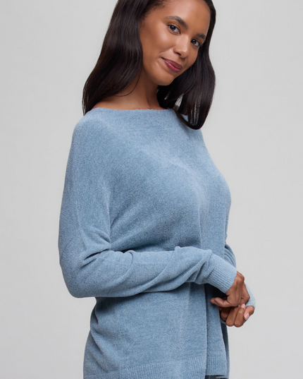 Barefoot Dreams Scallop Slouchy Pullover - Blue Aura Loungewear in at Wrapsody