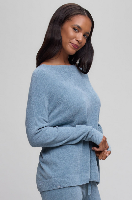 Barefoot Dreams Scallop Slouchy Pullover - Blue Aura Loungewear in at Wrapsody