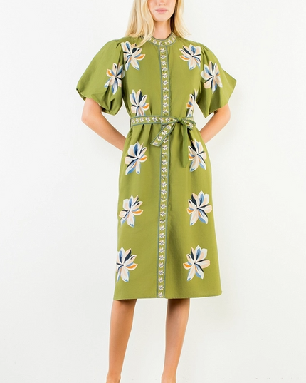 Printed Flowers Button-Up Green Midi Dress