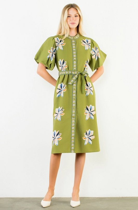 Printed Flowers Button-Up Green Midi Dress