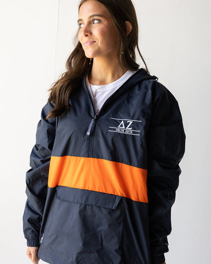 Sorority Rain Jacket in Navy/Orange Greek in at Wrapsody
