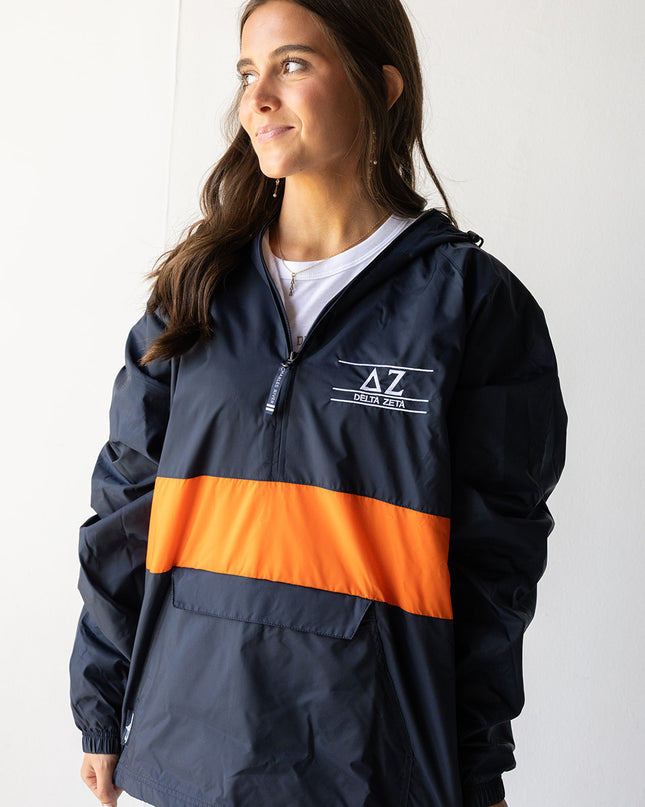 Sorority Rain Jacket in Navy/Orange Greek in at Wrapsody