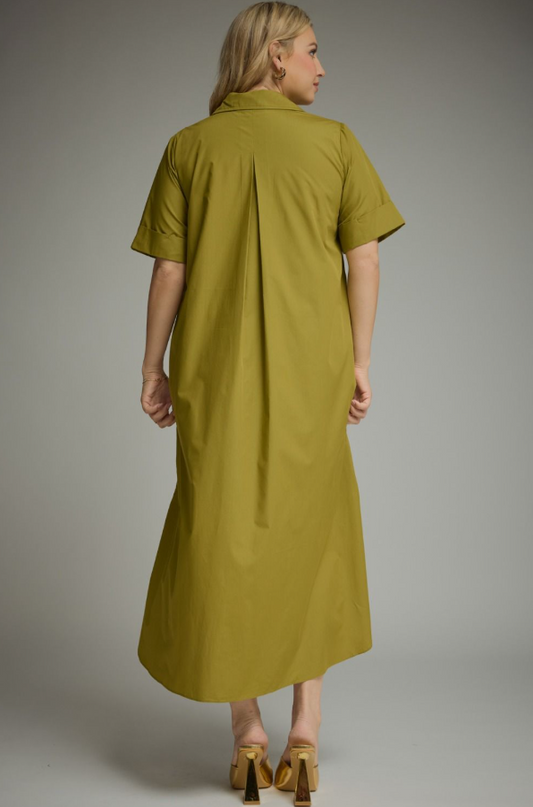 Cuff Sleeve Martini Olive Midi Dress - Extended Size