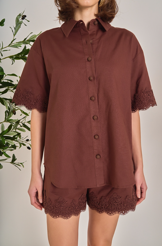 English Factory Linen Lace Chocolate Blouse Tops in at Wrapsody