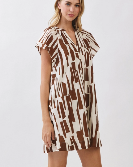 Abstract Pattern Brown/Cream Mini Dress