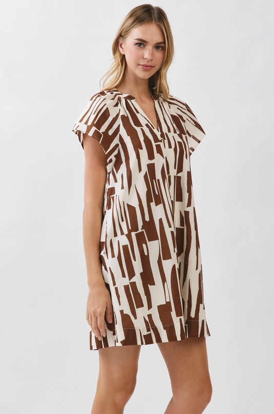 Abstract Pattern Brown/Cream Mini Dress